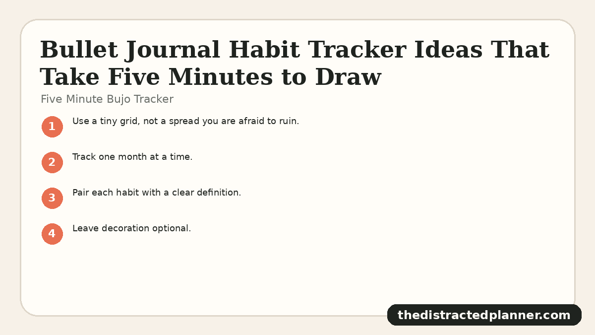 Five Minute Bujo Tracker for bullet journal habit tracker, branded by The Distracted Planner