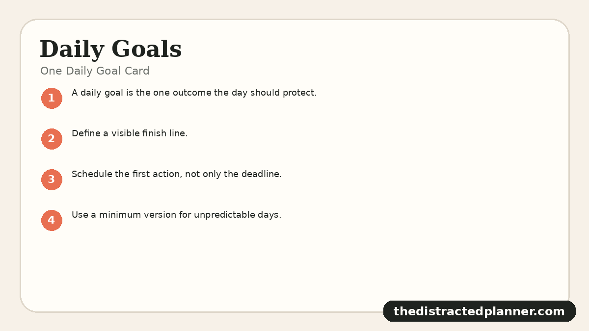 One Daily Goal Card for daily goals, branded by The Distracted Planner