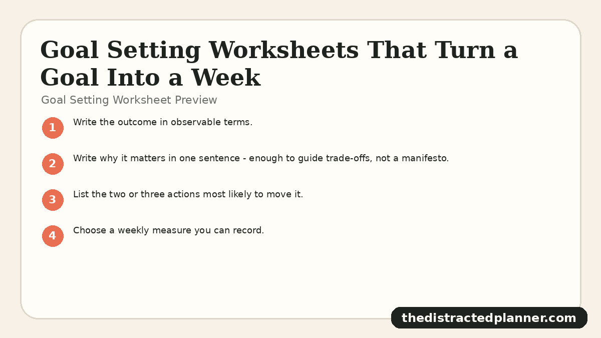 Goal Setting Worksheet Preview for goal setting worksheets, branded by The Distracted Planner