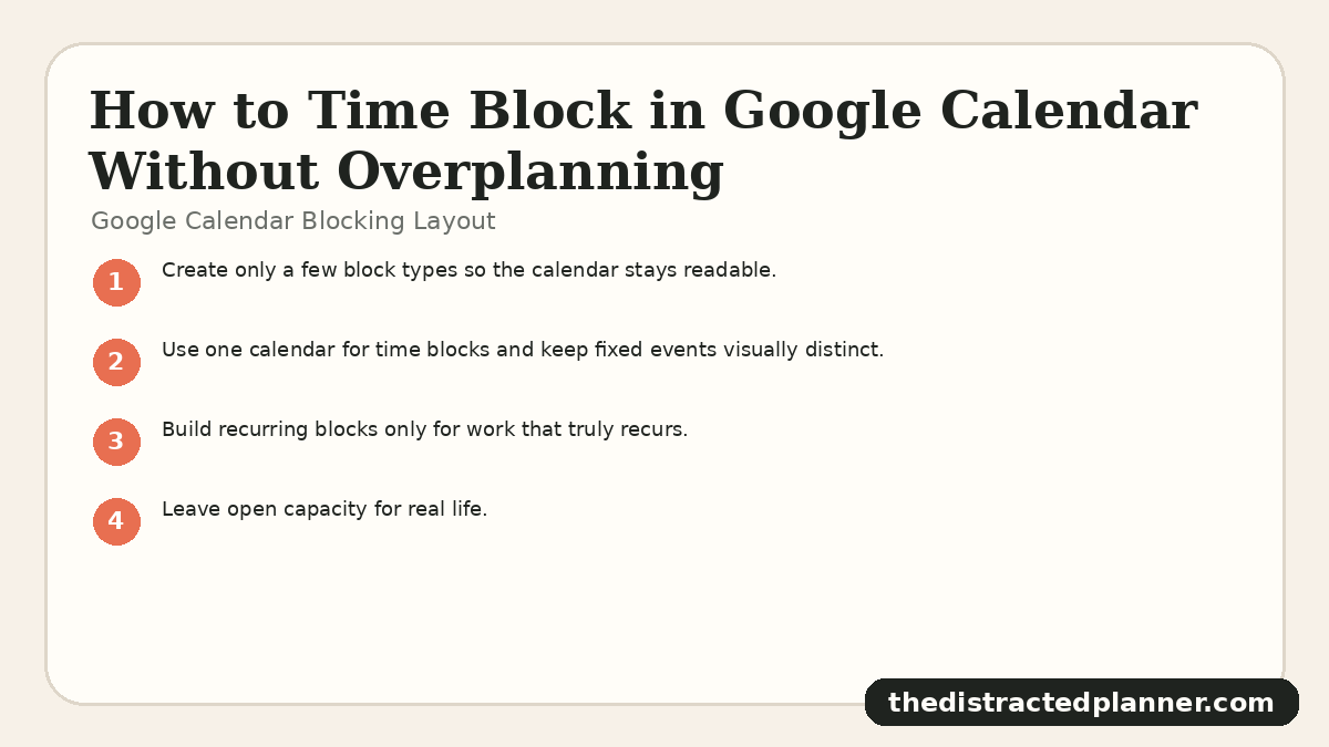 Google Calendar Blocking Layout for google calendar time blocking, branded by The Distracted Planner