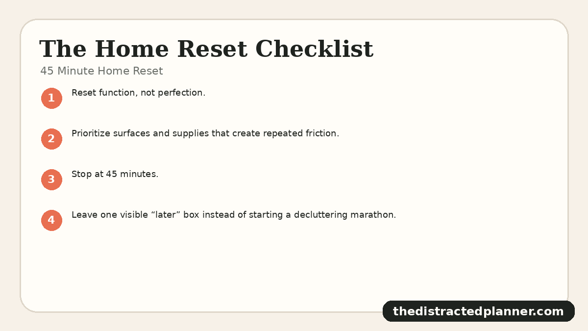 45 Minute Home Reset for home reset, branded by The Distracted Planner
