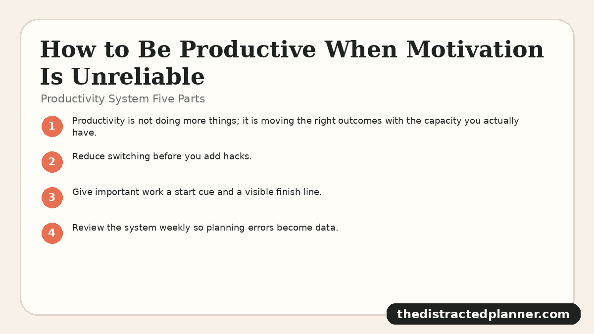 Productivity System Five Parts for how to be productive, branded by The Distracted Planner