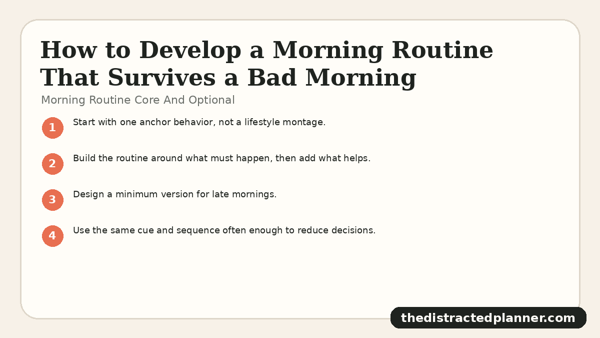 Morning Routine Core And Optional for how to develop a morning routine, branded by The Distracted Planner