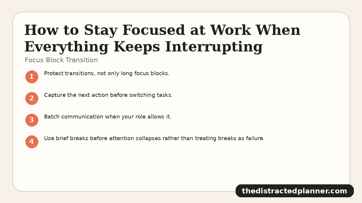 Focus Block Transition for how to stay focused at work, branded by The Distracted Planner