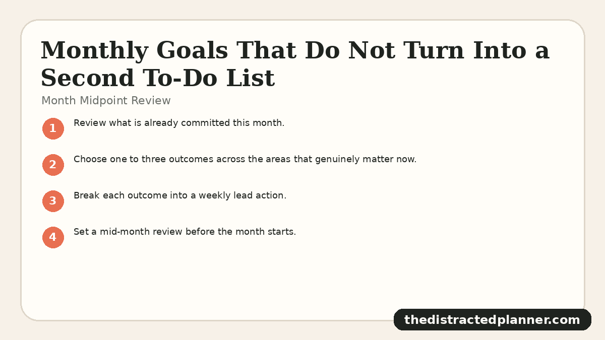 Month Midpoint Review for monthly goals, branded by The Distracted Planner