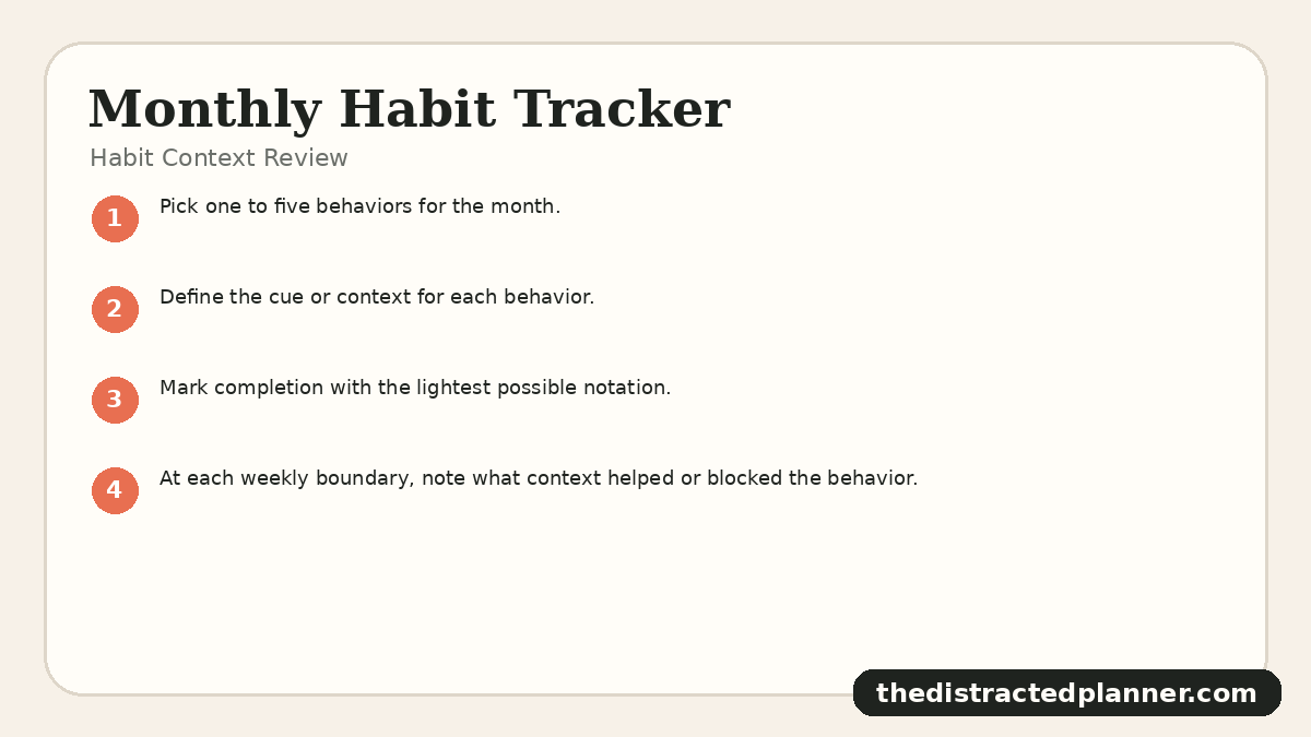Habit Context Review for monthly habit tracker, branded by The Distracted Planner