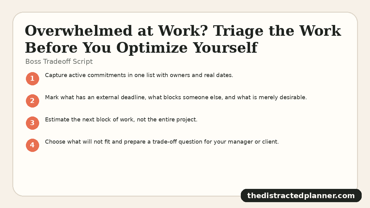 Boss Tradeoff Script for overwhelmed at work, branded by The Distracted Planner