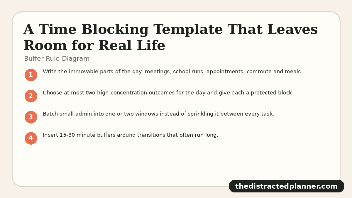 Buffer Rule Diagram for time blocking template, branded by The Distracted Planner