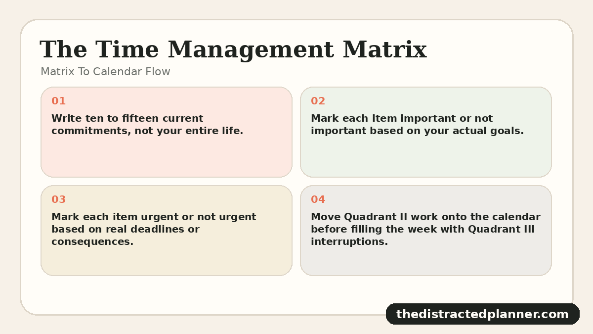 Matrix To Calendar Flow for time management matrix, branded by The Distracted Planner