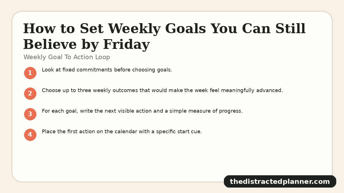 Weekly Goal To Action Loop for weekly goals, branded by The Distracted Planner
